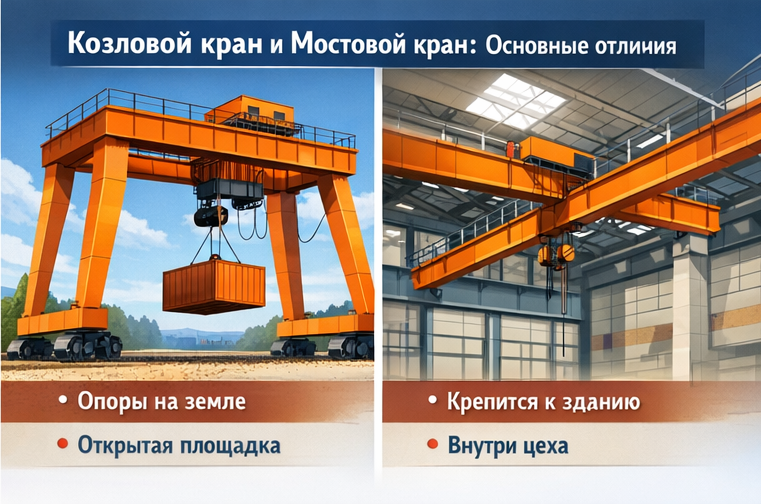 Чем отличается козловой и мостового крана Отличие козлового и мостового крана